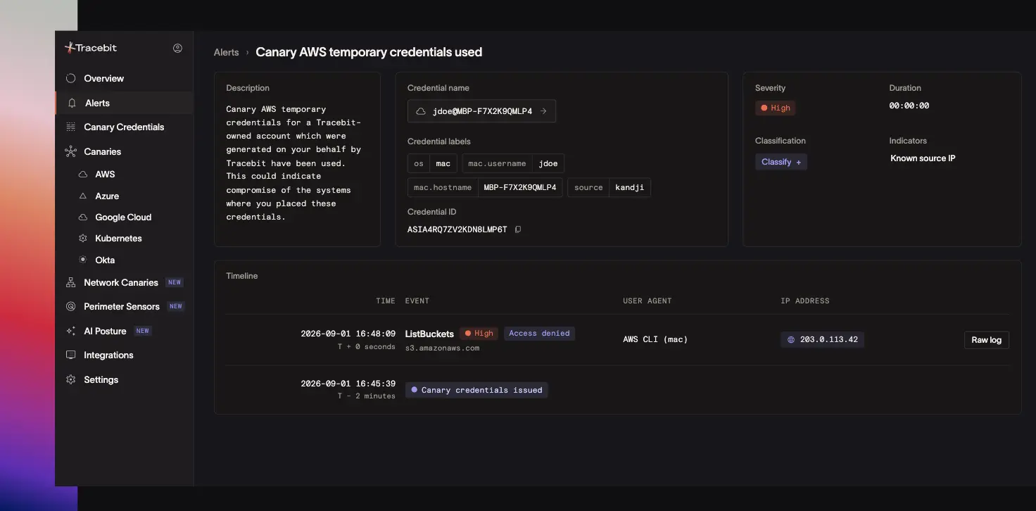 A Tracebit alert for canary AWS temporary credentials being used, showing the credential name, the Kandji-managed macOS device it was placed on, a high severity rating, and a timeline recording a ListBuckets attempt two minutes after the credentials were issued.