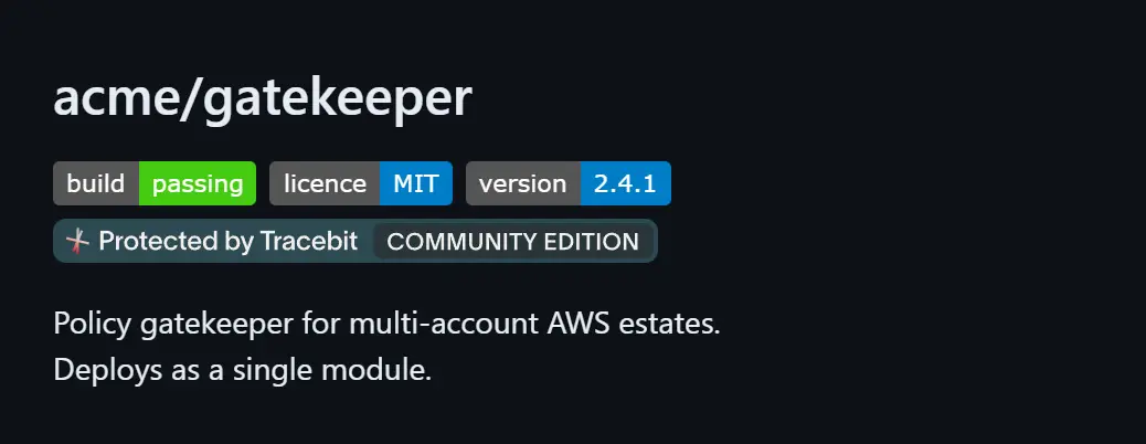 A GitHub README for a project called acme/gatekeeper, showing a Protected by Tracebit Community Edition badge sitting alongside its build, license and version badges.