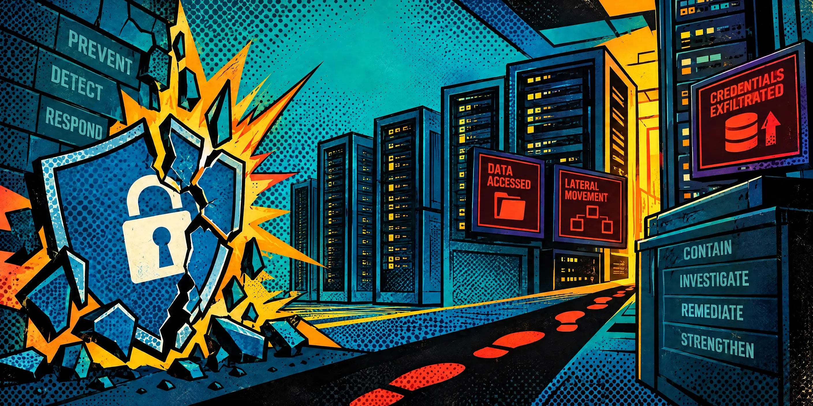 A comic-book scene in which a padlocked shield shatters beside blocks reading PREVENT, DETECT and RESPOND, while red footprints track past server racks and warning screens for data access, lateral movement and exfiltrated credentials.