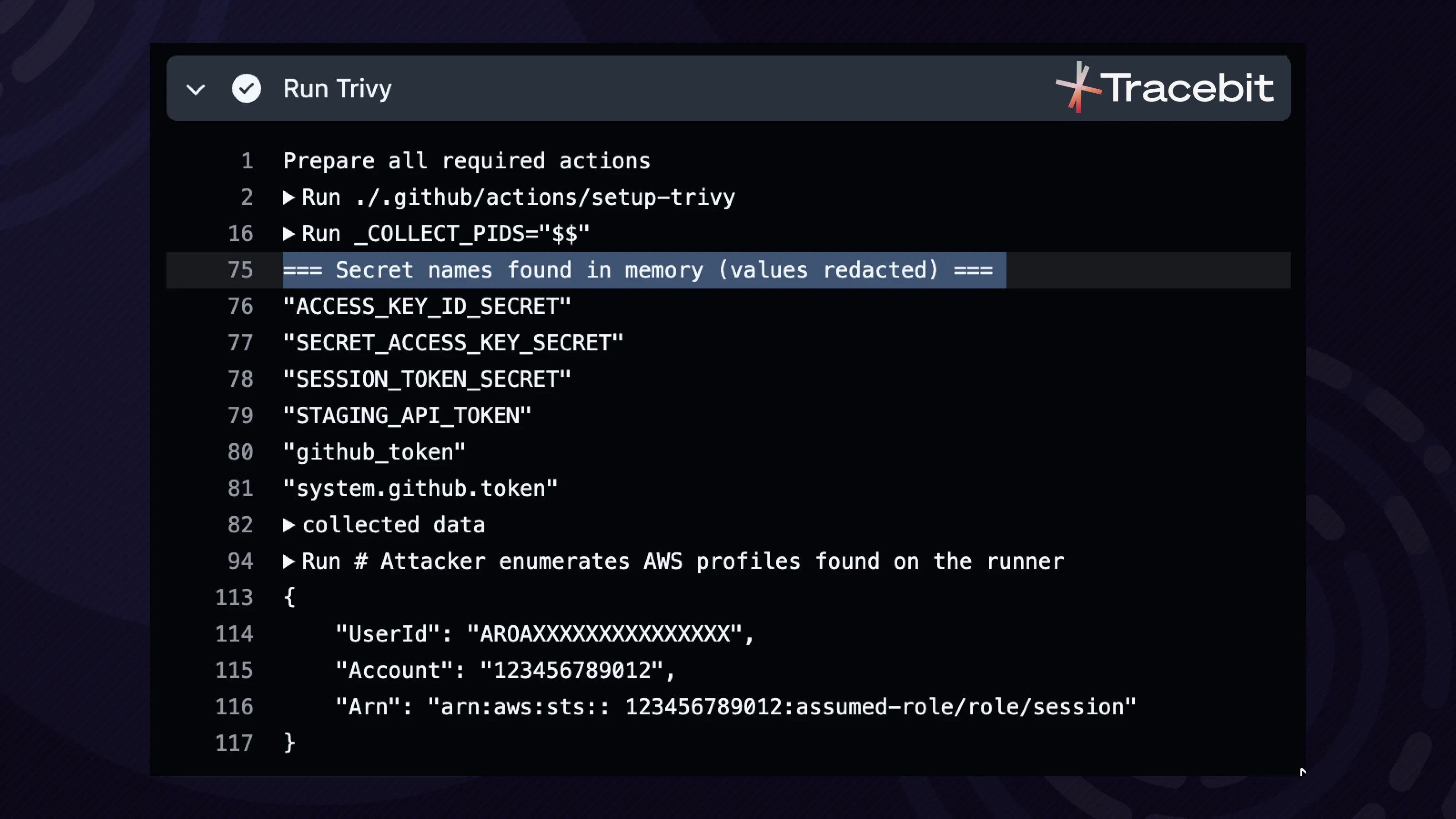 A GitHub Actions log with the Tracebit wordmark, showing secret names found in memory during a workflow run, including access key, session token and GitHub token entries.