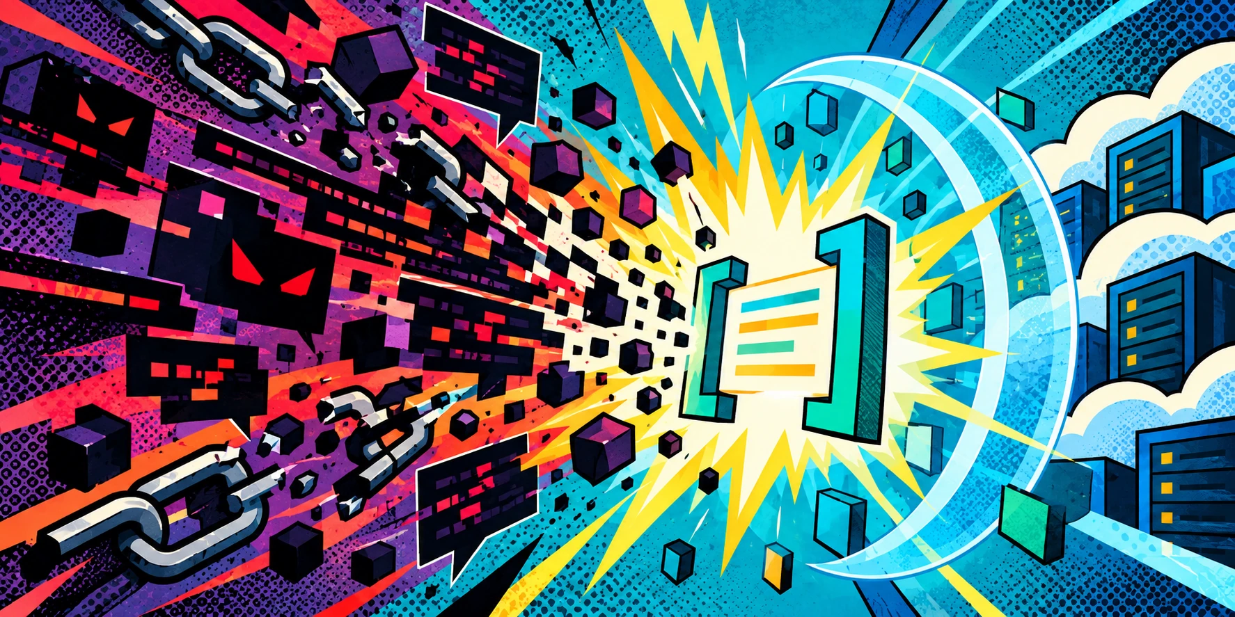 A chain shatters into cubes as a burst of light from a document icon splits a wall of red, glitching threat data from clean blue server racks.