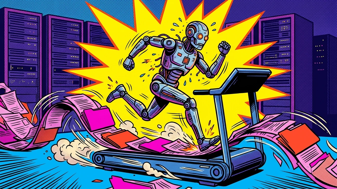 A robot AI agent sprints on a treadmill built from fake documents and folders, going nowhere, while real server racks sit untouched in the background.
