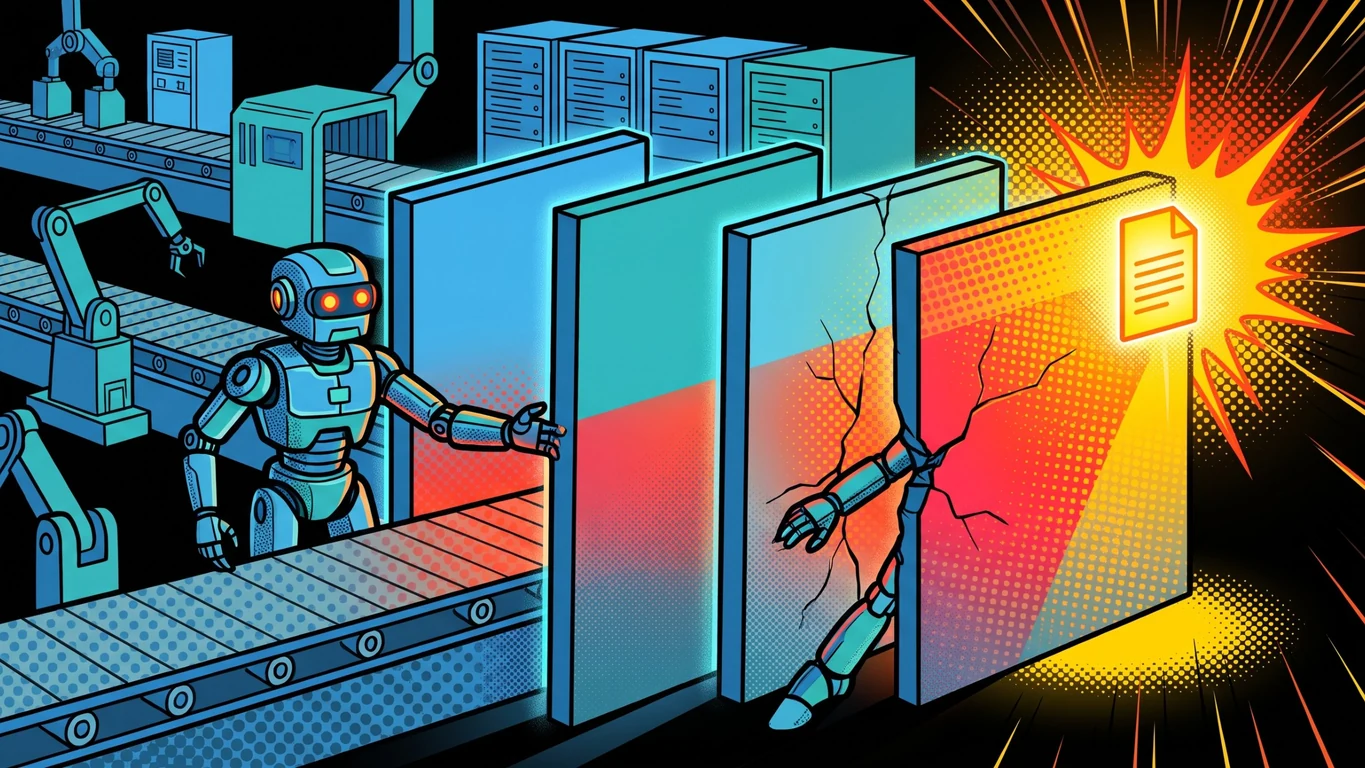 A comic-book scene in which a robot with glowing eyes steps off a factory conveyor belt and punches an arm through a cracked barrier panel, while a glowing document flares in a burst of light beyond it and blue server racks stand untouched behind.