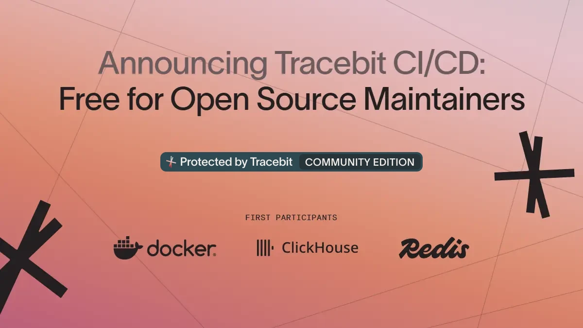Announcing Tracebit CI/CD, free for open source maintainers, with a Protected by Tracebit Community Edition badge and the Docker, ClickHouse and Redis logos as first participants.