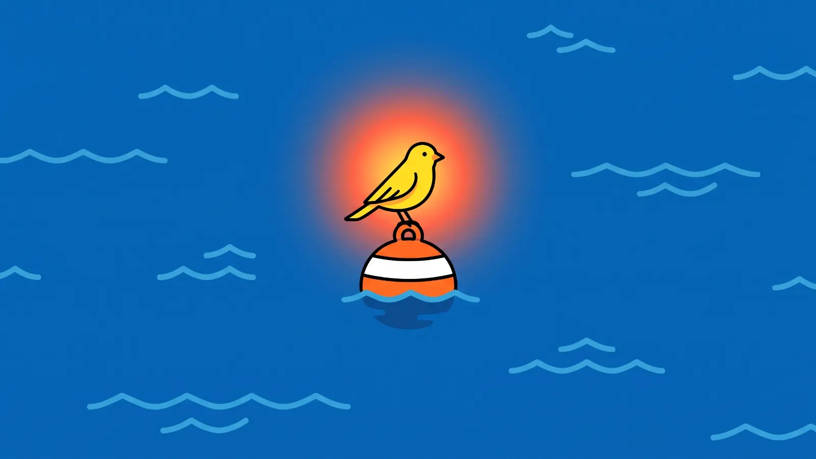 A yellow canary perched on an orange and white buoy in open blue water.