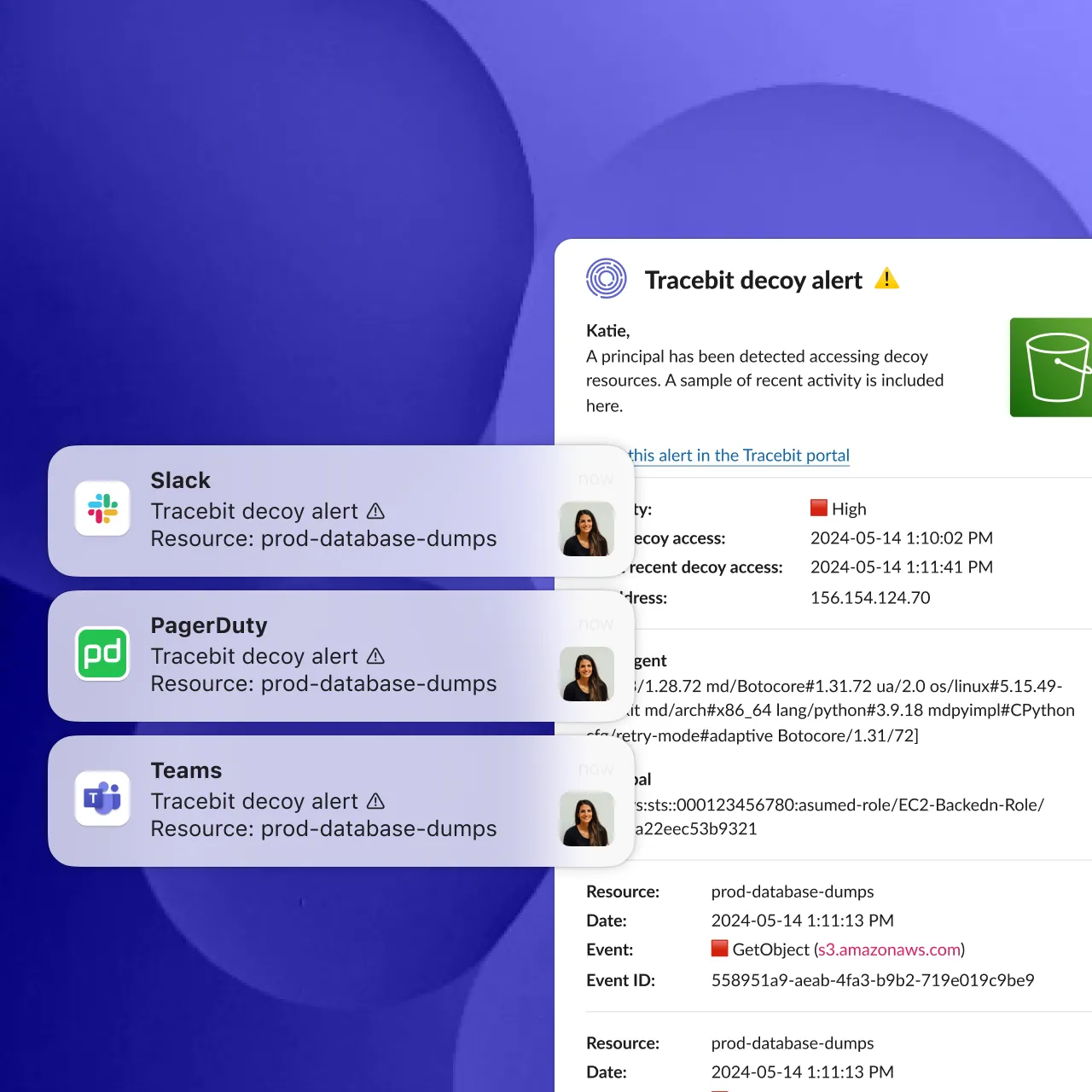 Screenshot of an alert describing details of an interaction with a decoy resource. Also featured are slack, teams and pager duty notifications notifying the user of the alert.
