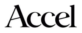 Accel logo in bold black letters with red stylized letter A.
