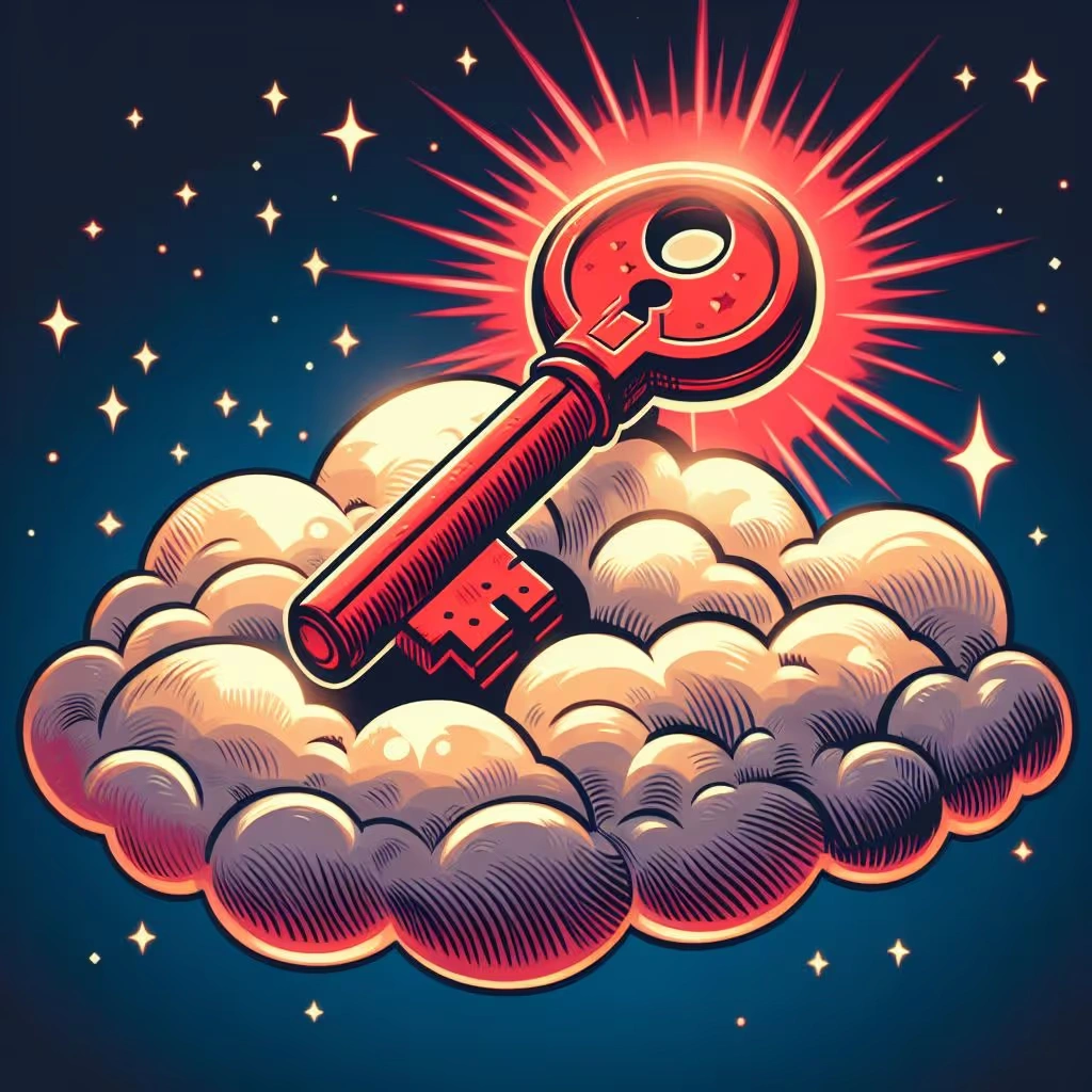 AI generated image of a red cartoon key, with halo, sitting on a cloud