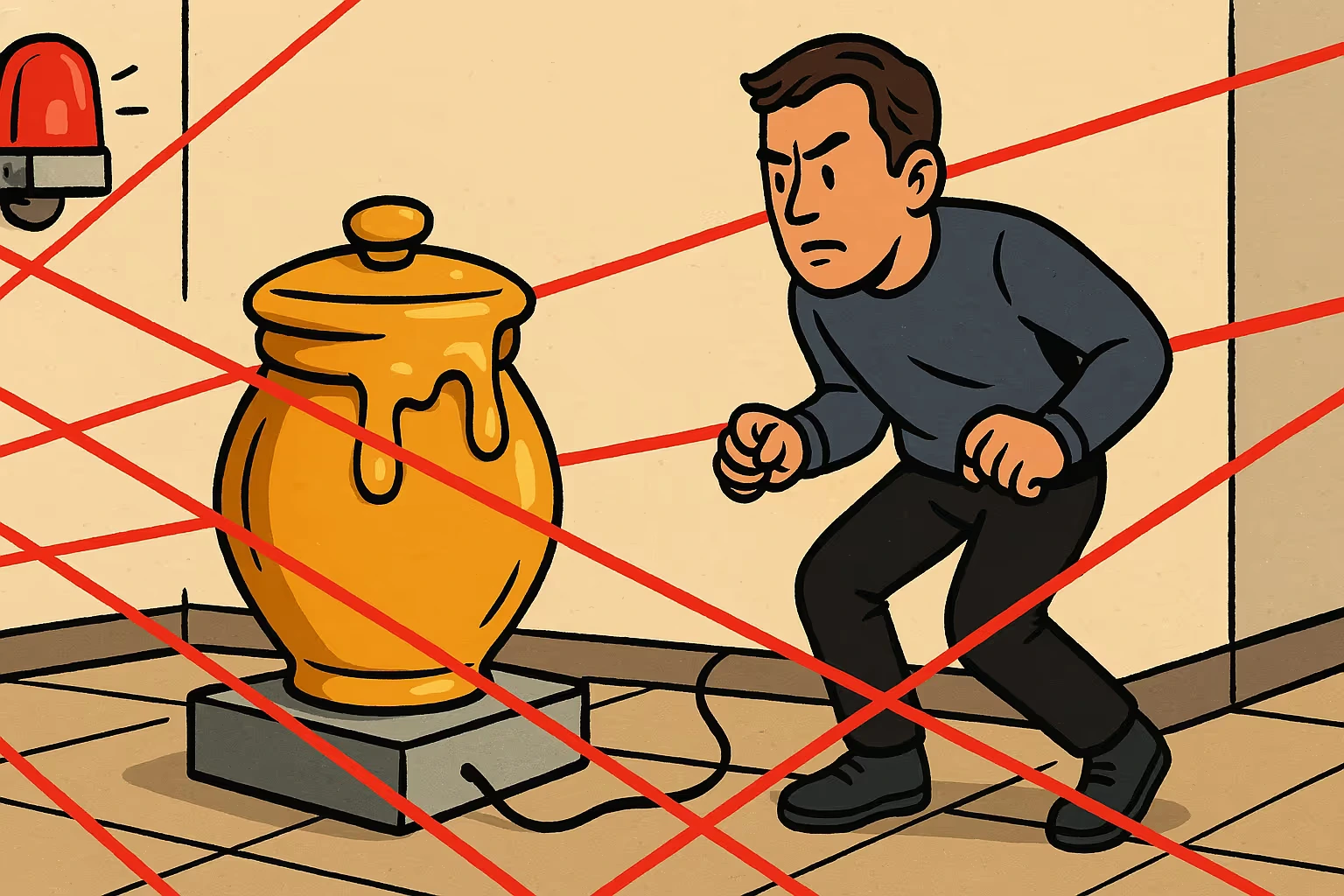 Cartoon image of a threat actor about to interact with a honeypot, lasers and alarm systems surround it.