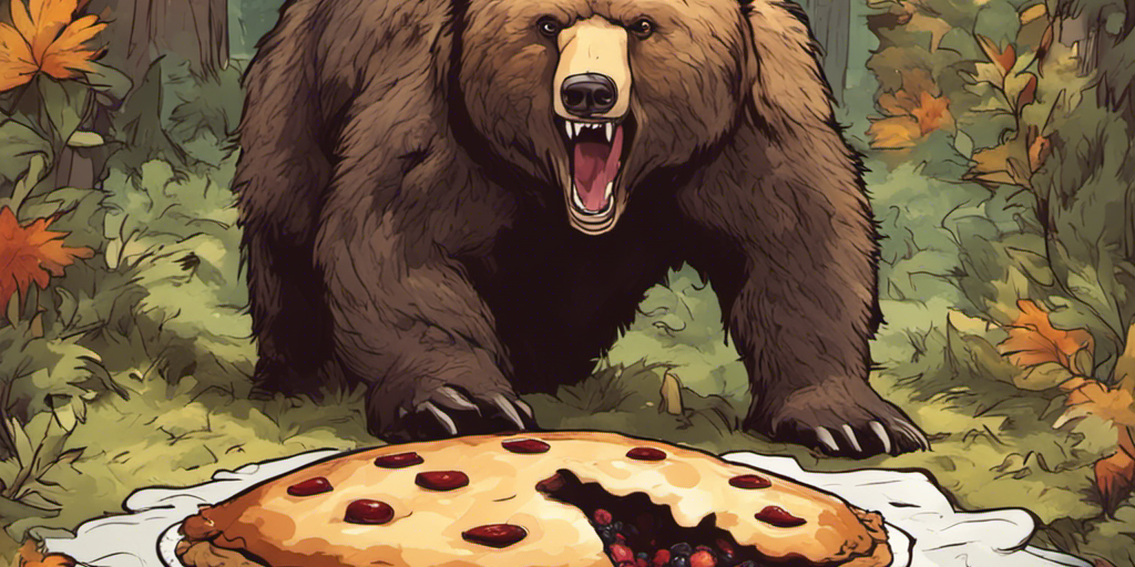 Bear looking at a pie